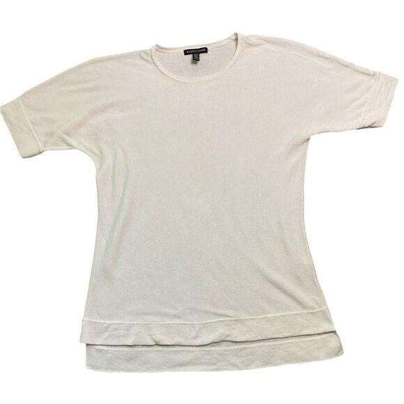 Eileen Fisher Cream Tencel Lyocell and Silk Blend Crewneck Short Sleeve Sweater - Picture 1 of 8